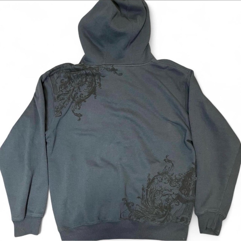 Silver Point Y2K Graphic Zip-Up Hoodie with Winged Guitar and Skull Zipper Pull - Picture 2 of 3